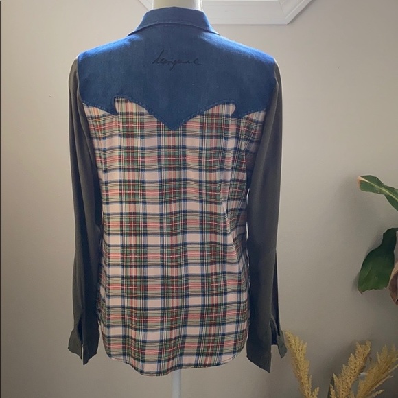 Desigual Embroidered Plaid & Denim Button Up Shirt - Picture 2 of 8